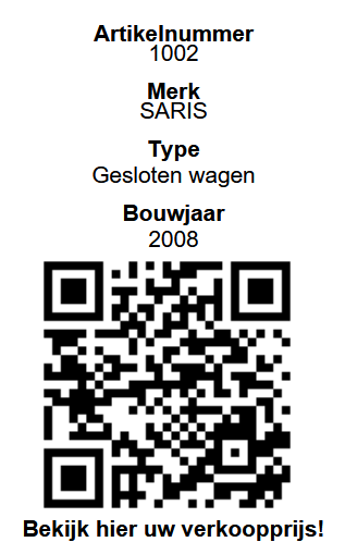 Waterdicht QR-pasje voor aan de aanhanger met artikelnummer, merk, type en QR-code