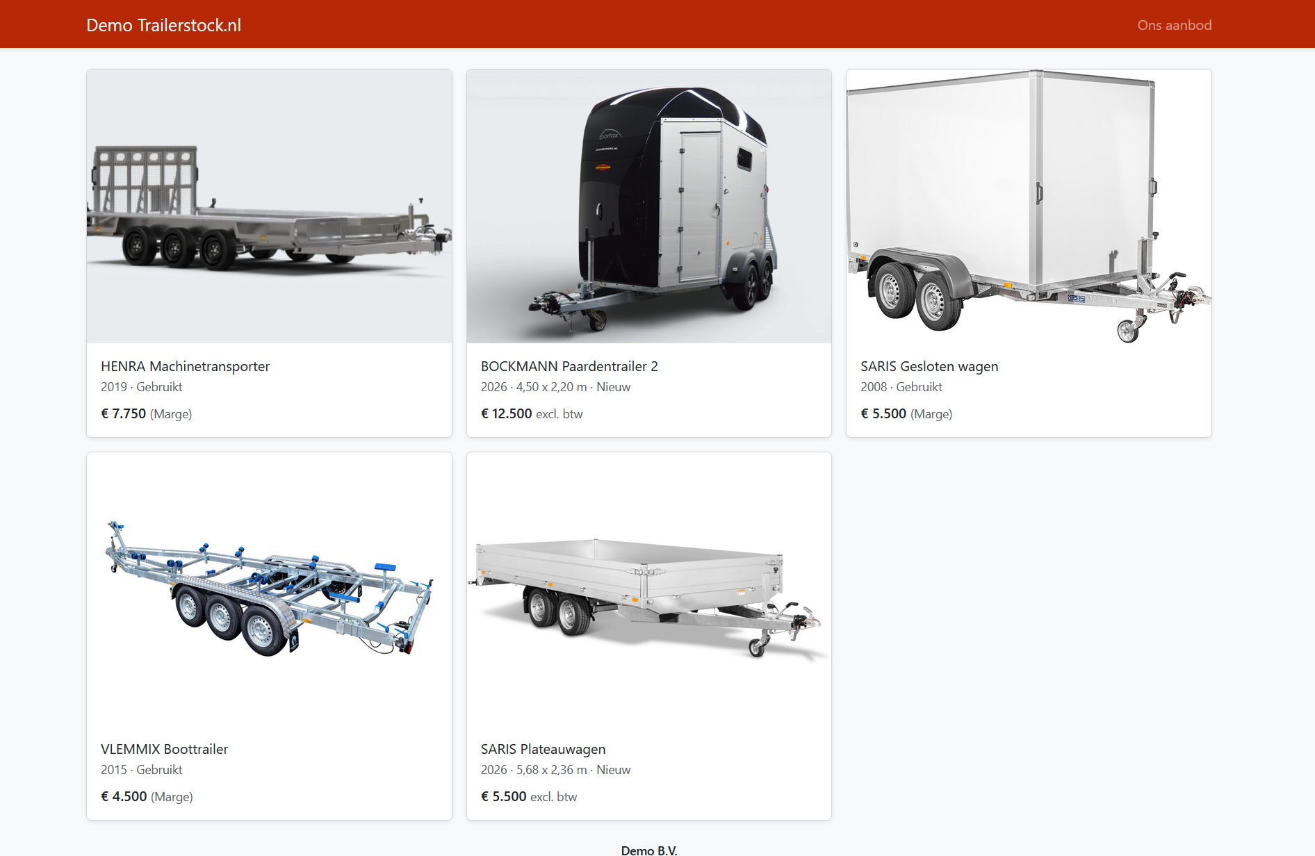 Publieke showroom van Trailerstock met de complete voorraad online